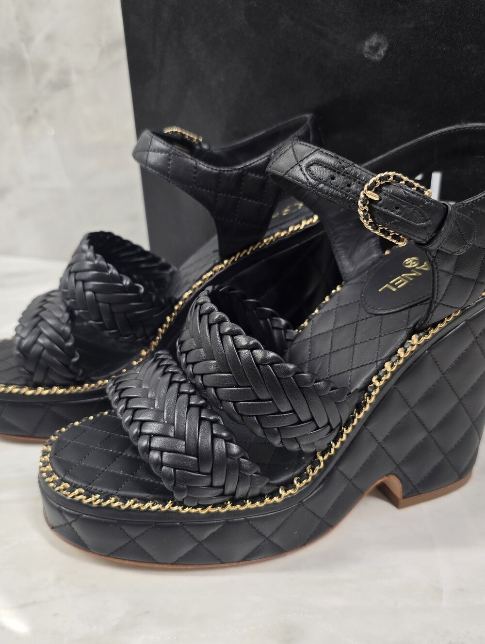 Chanel Black Quilted Braided Leather Platform Sandals - Picture 4 of 13